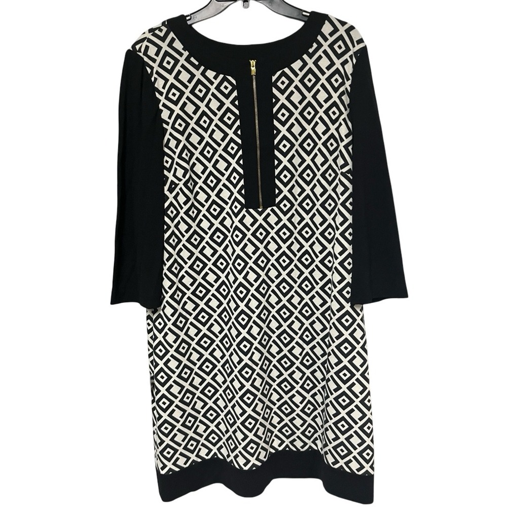 Tahari Arthur S Levine Black White Geometric Diamond Zip Front Shift Dress 16